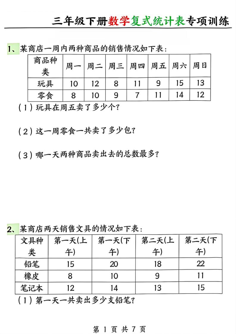 三年级下册数学复式统计表专项训练-悟思笔记，一个低调的学习营。
