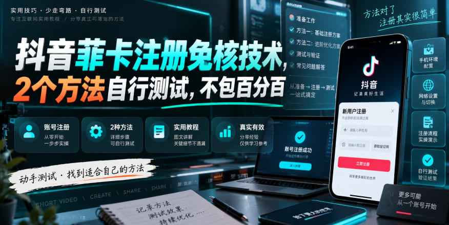 抖音菲卡注册免核技术，2个方法自行测试，不包百分百-悟思笔记，一个低调的学习营。