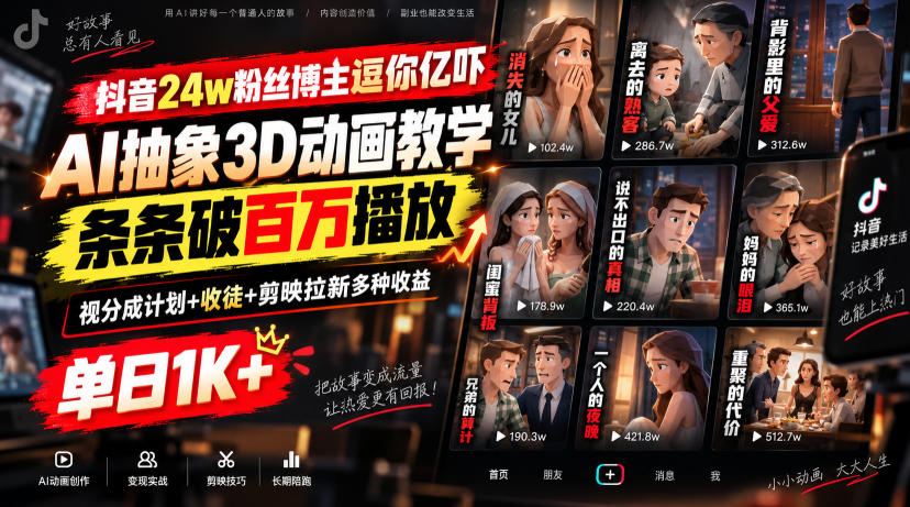 抖音24w粉丝博主逗你亿吓AI抽象3D动画教学，条条破百万播放，分成计划+收徒+剪映拉新多种收益，单日1K+-悟思笔记，一个低调的学习营。