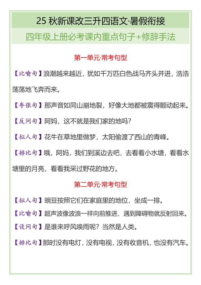【2025秋新版】四年级上册语文必考课内重点句子+修辞手法-悟思笔记，一个低调的学习营。