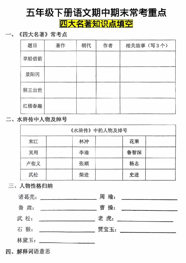五年级下语文四大名著知识点填空-悟思笔记，一个低调的学习营。
