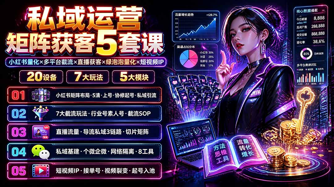 私域运营矩阵获客5套课：小红书量化×多平台截流×直播获客×绿泡泡量化×短视频IP×20设备×7大玩法-悟思笔记，一个低调的学习营。