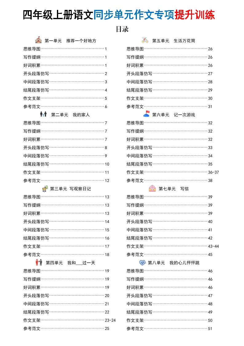 新四上语文同步单元作文专项提升训练（52页）-悟思笔记，一个低调的学习营。