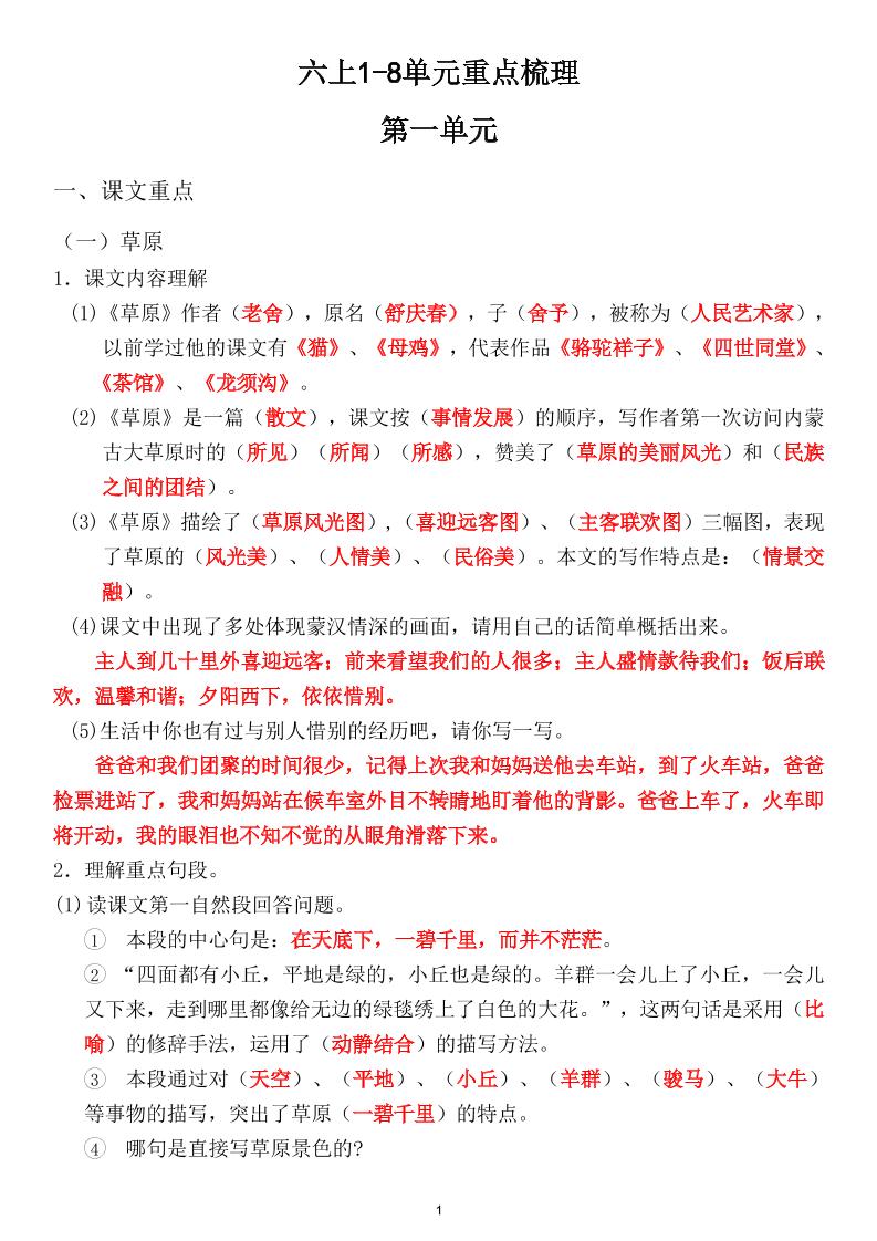 六上1-8单元重点梳理（课文重点+语文园地）-悟思笔记，一个低调的学习营。