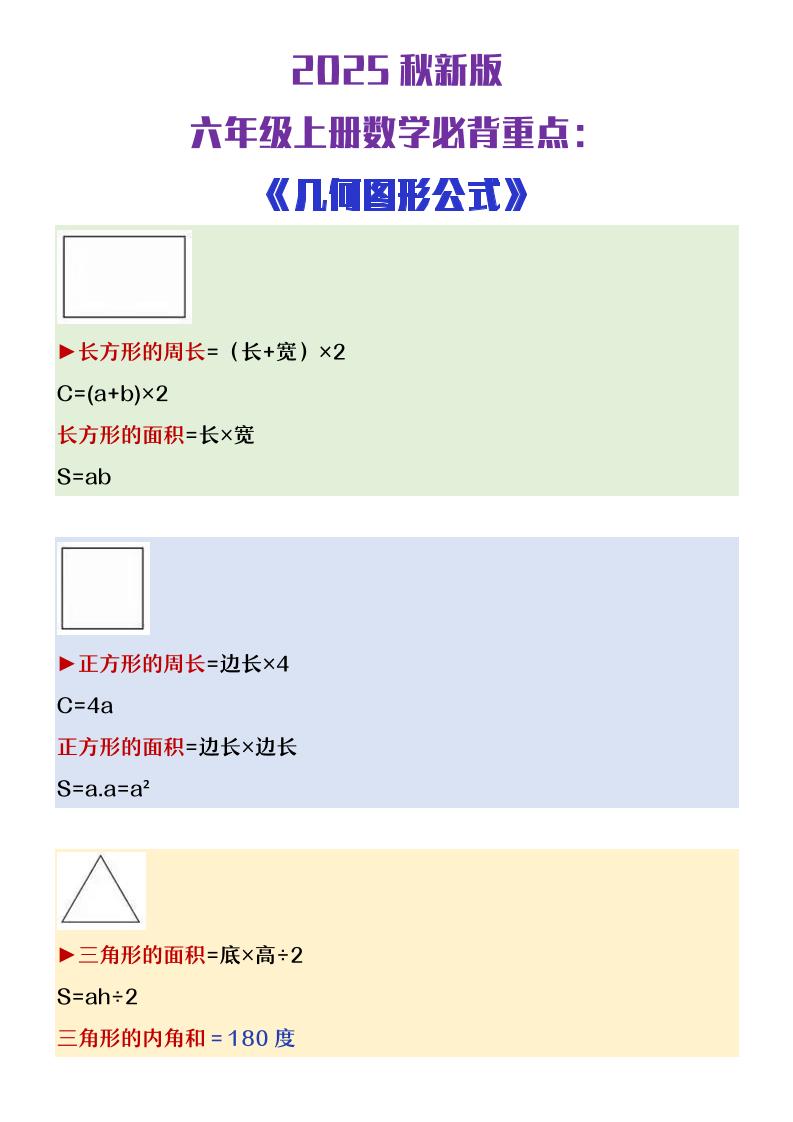 【2025秋新版】六年级上册数学必背几何图形公式大全-悟思笔记，一个低调的学习营。