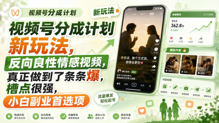 视频号分成计划新玩法，反向良性情感视频，真正做到了条条爆，槽点很强，小白副业首选项-悟思笔记，一个低调的学习营。