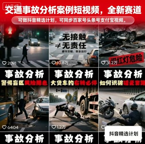 交通事故分析案例短视频，全新赛道，可做抖音精选计划，可同步百家号头条号支付宝视频号平台-悟思笔记，一个低调的学习营。