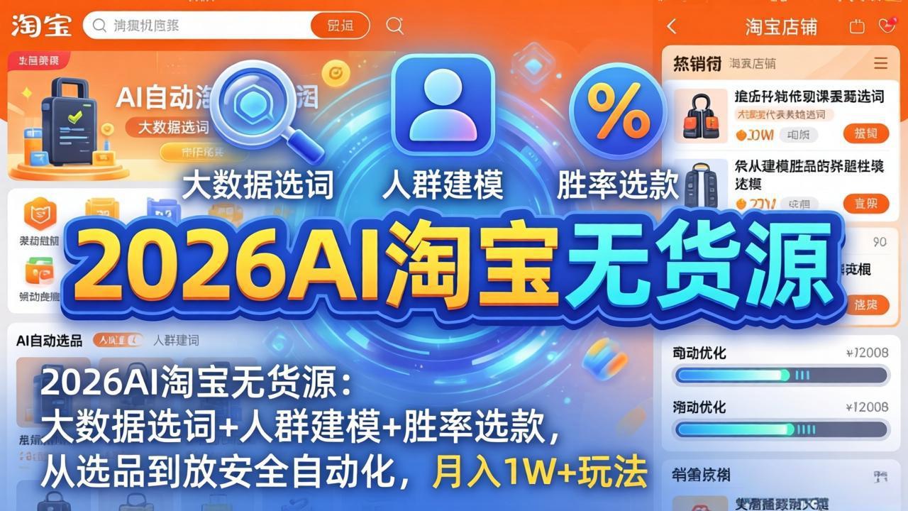 2026AI淘宝无货源：大数据选词+人群建模+胜率选款，从选品到放大全自动化，月入1W+玩法-悟思笔记，一个低调的学习营。