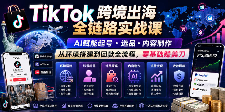 TikTok跨境出海全链路实战课，AI赋能起号・选品・内容制作，从环境搭建到回款全流程，零基础賺美刀-悟思笔记，一个低调的学习营。