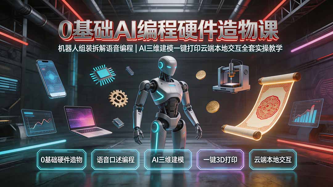 0基础AI编程硬件造物课｜机器人组装拆解语音编程，AI三维建模一键打印云端本地交互全套实操教学-悟思笔记，一个低调的学习营。