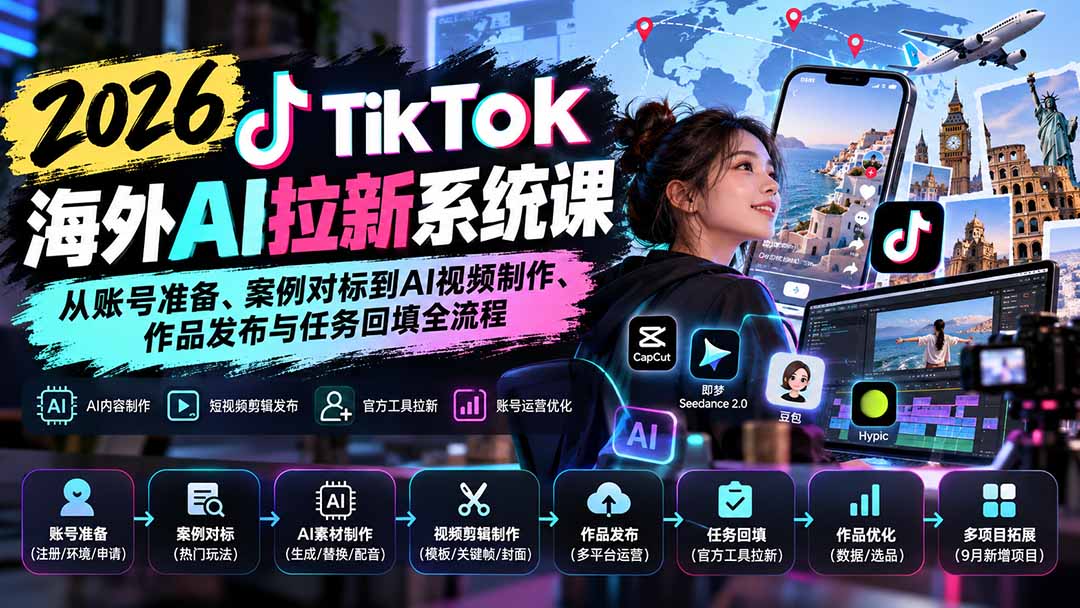 【无水印】2026 TikTok海外AI拉新系统课：从账号准备、案例对标到AI视频制作、作品发布与任务回填全流程-悟思笔记，一个低调的学习营。