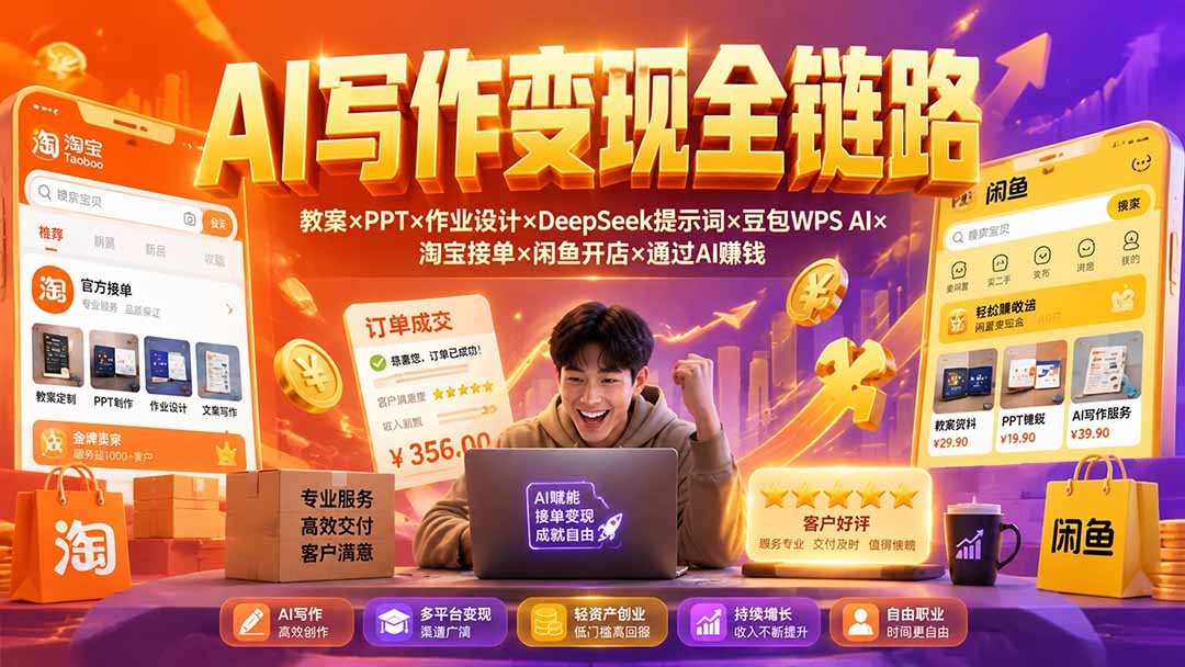 2026AI写作变现全链路：教案×PPT×作业设计×DeepSeek提示词×豆包WPS AI×淘宝接单×闲鱼开店×通过AI賺钱-悟思笔记，一个低调的学习营。