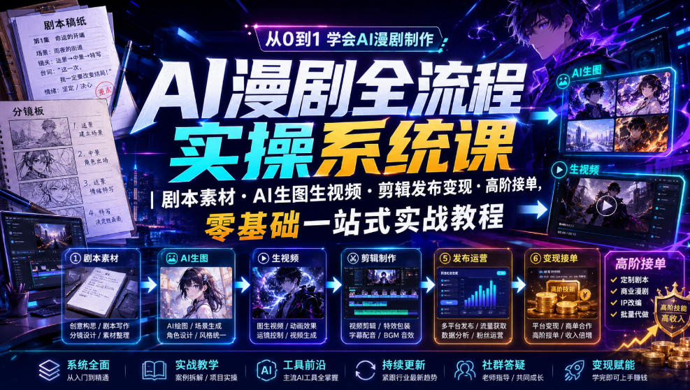 AI漫剧全流程实操系统课｜剧本素材・AI生图生视频・剪辑发布变现・高阶接单，零基础一站式实战教程(更新1027)-悟思笔记，一个低调的学习营。