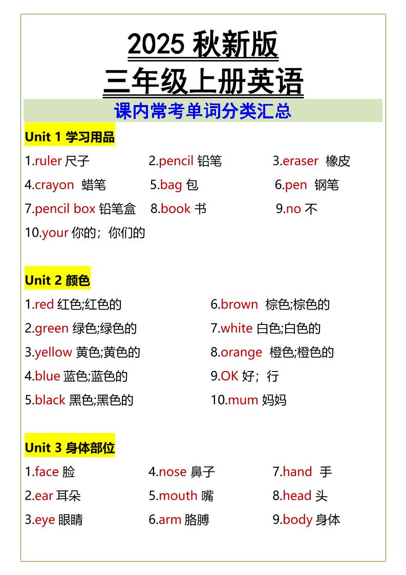 【2025秋新版】三年级上册英语课内常考单词分类汇总-悟思笔记，一个低调的学习营。