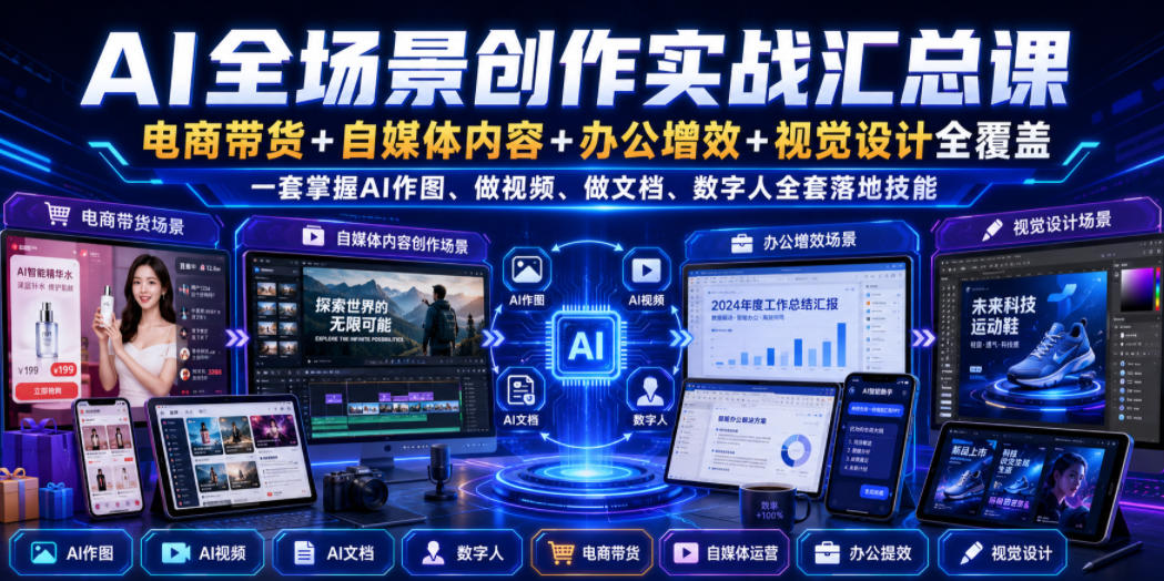 AI全场景创作实战汇总课｜电商带货+自媒体内容+办公增效+视觉设计全覆盖，一套掌握AI作图、做视频、做文档、数字人全套落地技能-悟思笔记，一个低调的学习营。
