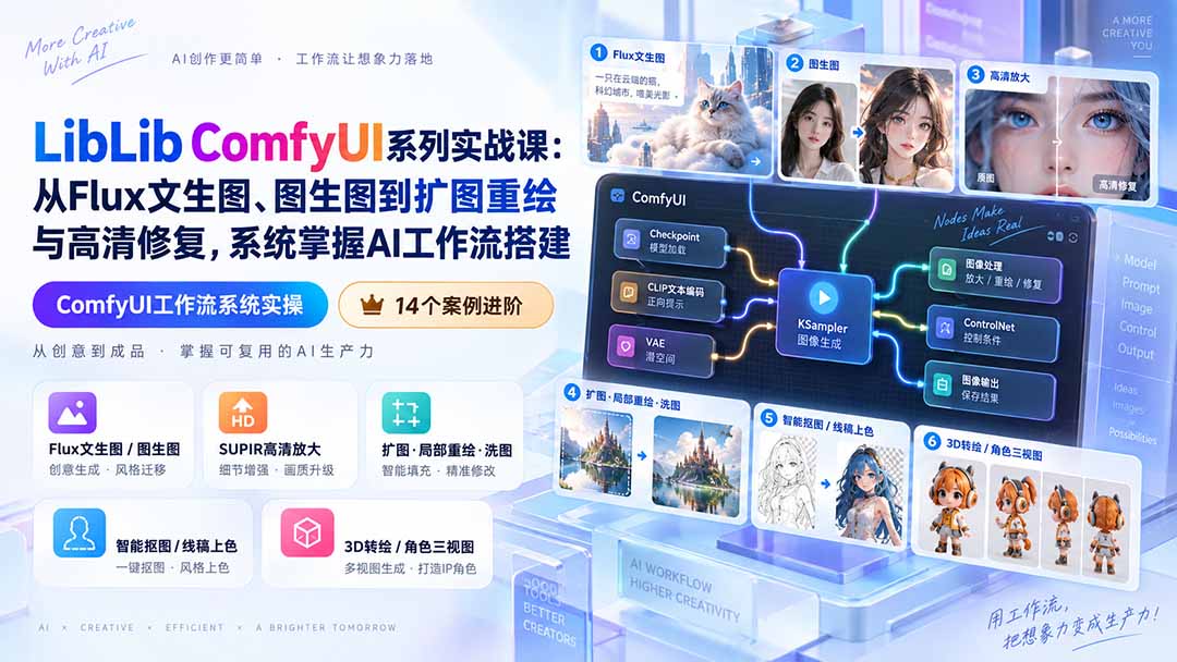LibLib ComfyUI系列实战课：从Flux文生图、图生图到扩图重绘与高清修复，系统掌握AI工作流搭建-悟思笔记，一个低调的学习营。