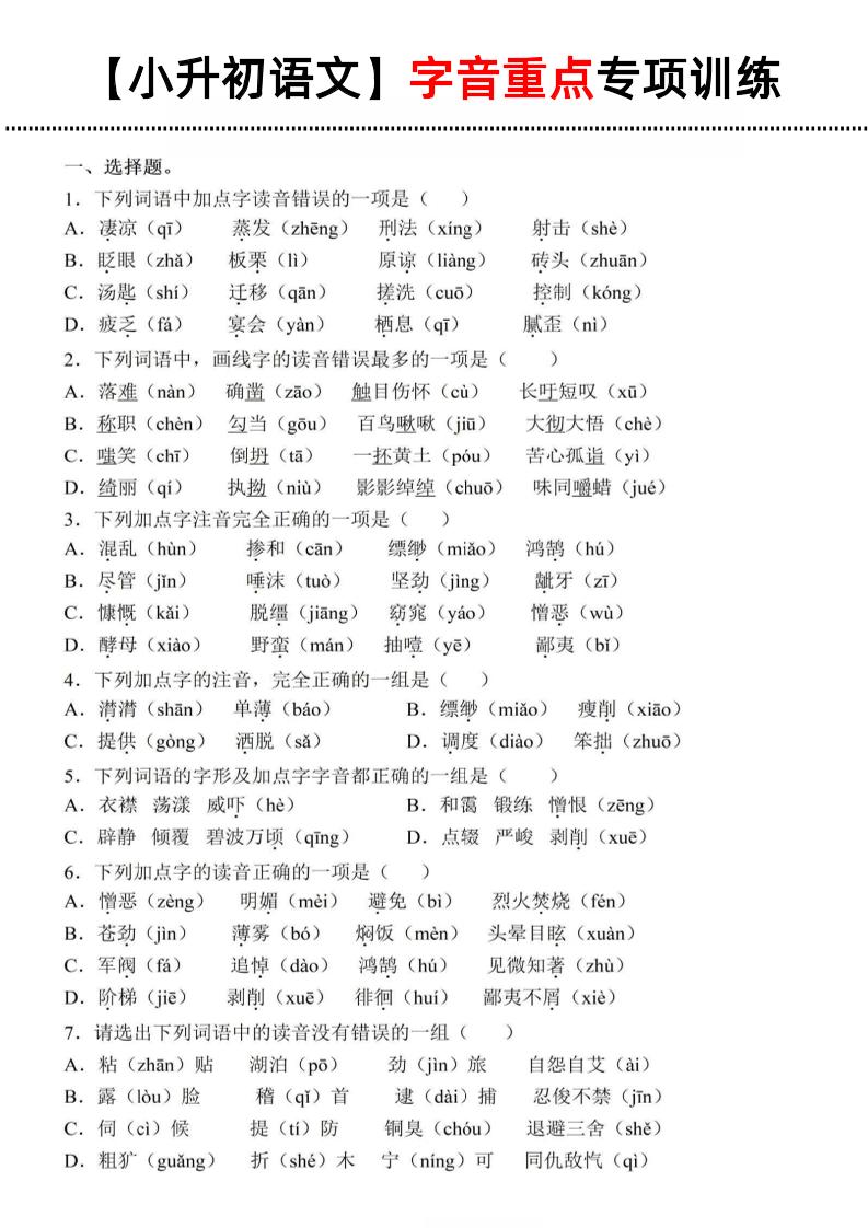 《小升初语文字音重点专项训练》-悟思笔记，一个低调的学习营。