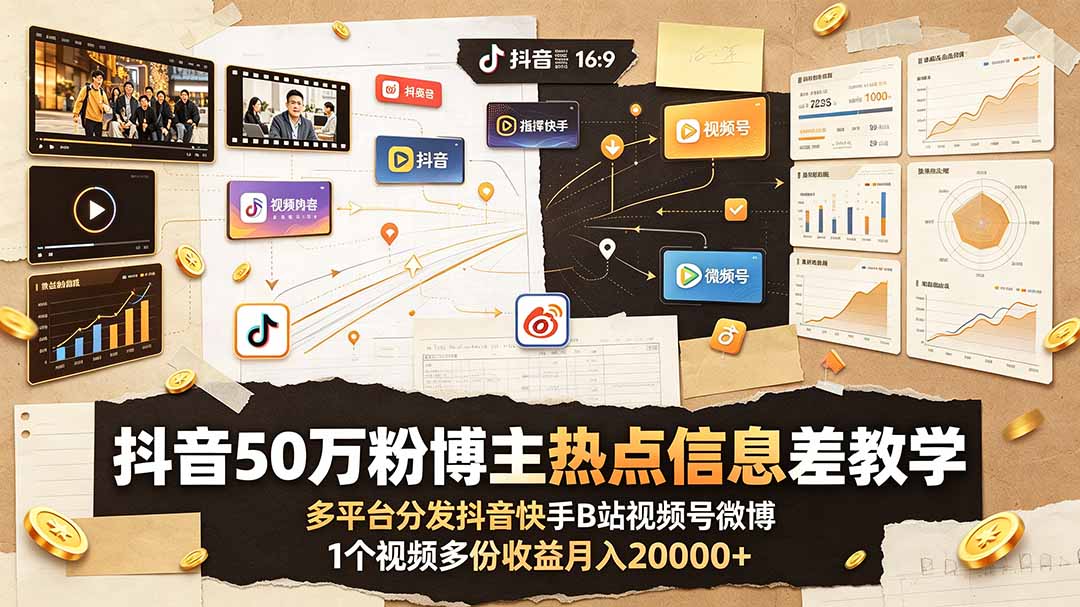 抖音50万粉博主热点信息差教学：多平台分发抖音快手B站视频号微博，1个视频多份收益月入20000+-悟思笔记，一个低调的学习营。