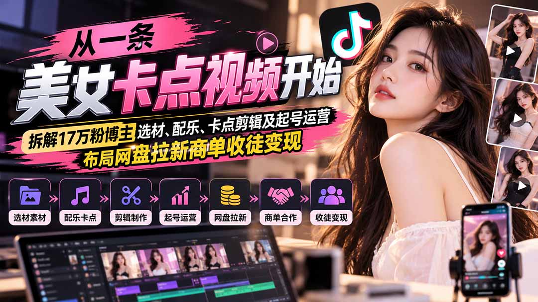 从一条美女卡点视频开始：拆解17万粉博主选材、配乐、卡点剪辑及起号运营，布局网盘拉新商单收徒变现-悟思笔记，一个低调的学习营。