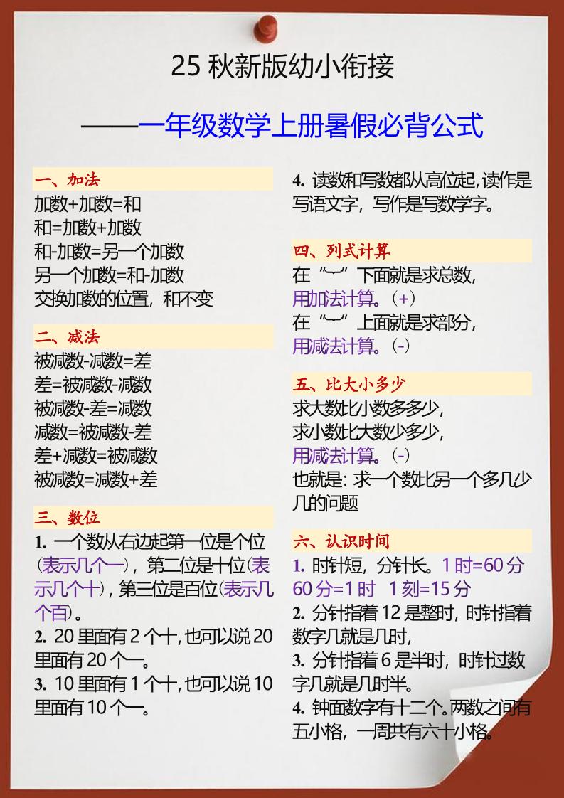 【2025秋新版】幼小衔接一年级数学上册暑假必背公式-悟思笔记，一个低调的学习营。