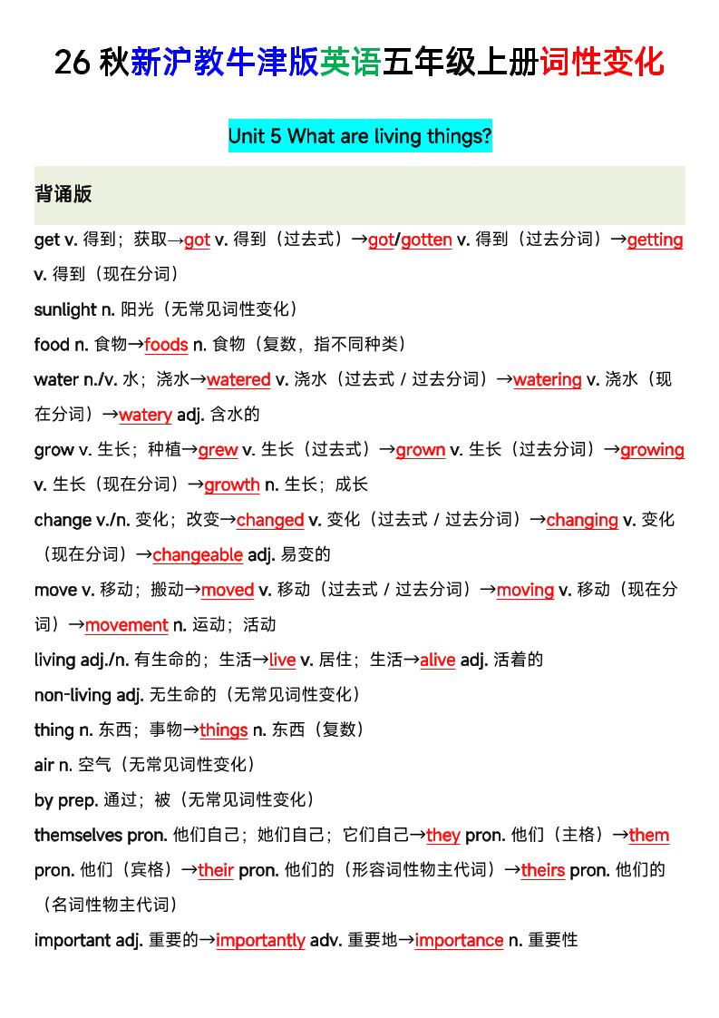 26秋沪教牛津版英语五年级上册U5-U8单词词性变化-悟思笔记，一个低调的学习营。