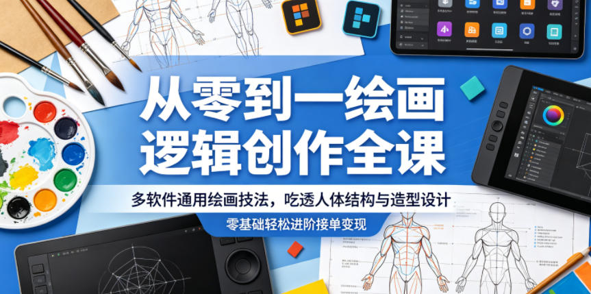 从零到一绘画逻辑创作全课，多软件通用绘画技法，吃透人体结构与造型设计，零基础轻松进阶接单变现-悟思笔记，一个低调的学习营。