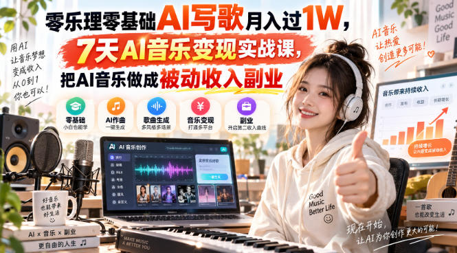 零乐理零基础AI写歌月入过1W，7天AI音乐变现实战课，把AI音乐做成被动收入副业-悟思笔记，一个低调的学习营。