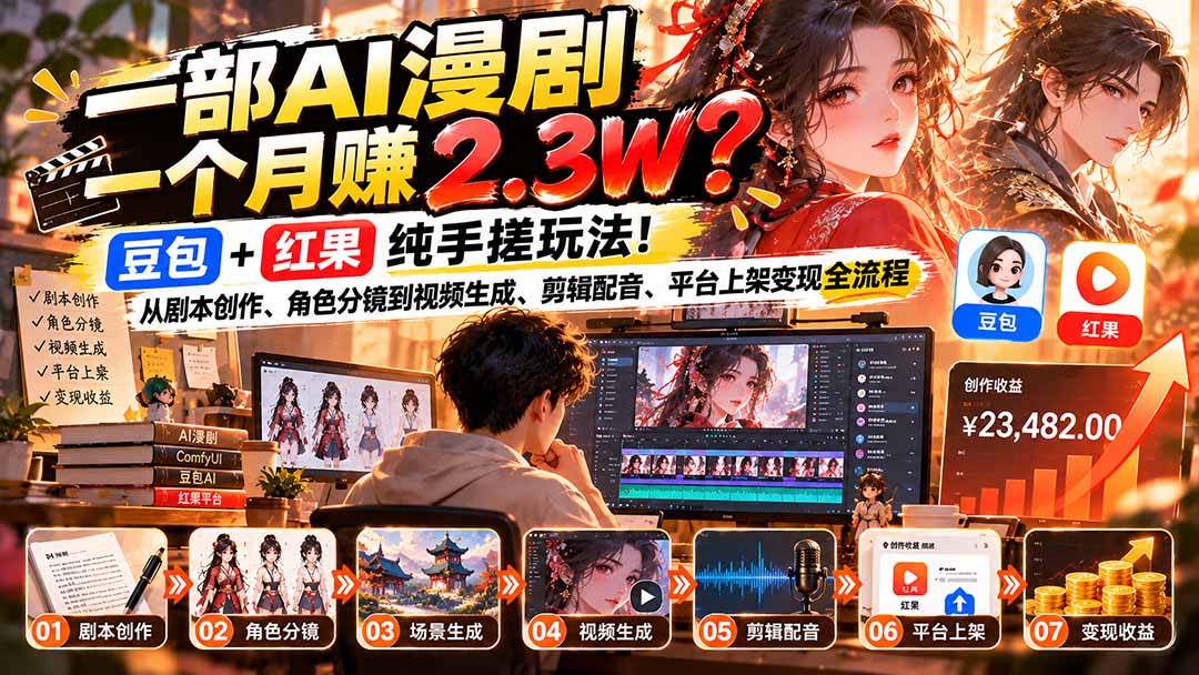 一部AI漫剧一个月赚2.3W？豆包+红果纯手搓玩法！从剧本创作、角色分镜到视频生成、剪辑配音、平台上架变现全流程-悟思笔记，一个低调的学习营。