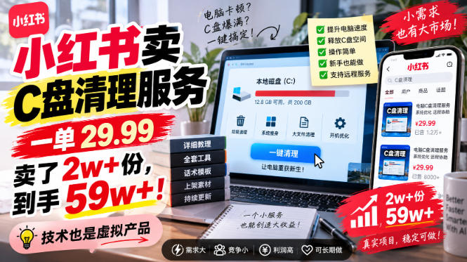 小红书卖C盘清理服务，一单29.99，卖了2w+份，技术也是虚拟产品-悟思笔记，一个低调的学习营。