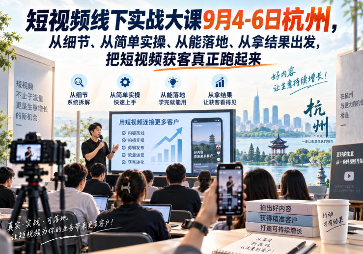 短视频线下实战大课9月4-6日杭州，从细节、从简单实操、从能落地、从拿结果出发，把短视频获客真正跑起来-悟思笔记，一个低调的学习营。