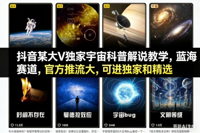 抖音某大V独家宇宙科普解说教学，蓝海赛道，官方推流大，可进独家和精选-悟思笔记，一个低调的学习营。