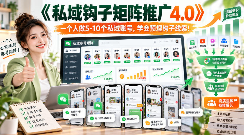 【无水印】《私域钩子矩阵推广4.0》一个人做5-10个私域账号，学会预埋钩子线索！-悟思笔记，一个低调的学习营。