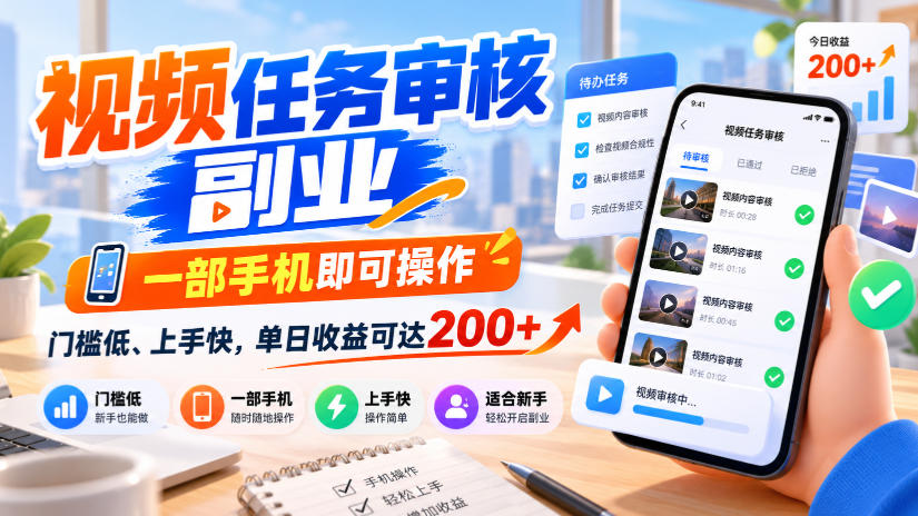 视频任务审核副业，一部手机即可操作，门槛低、上手快，单日收益可达200+【揭秘】-悟思笔记，一个低调的学习营。
