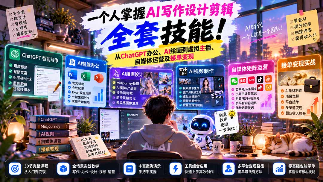 一个人掌握AI写作设计剪辑全套技能：从ChatGPT办公、AI绘画到虚拟主播、自媒体运营及接单变现-悟思笔记，一个低调的学习营。