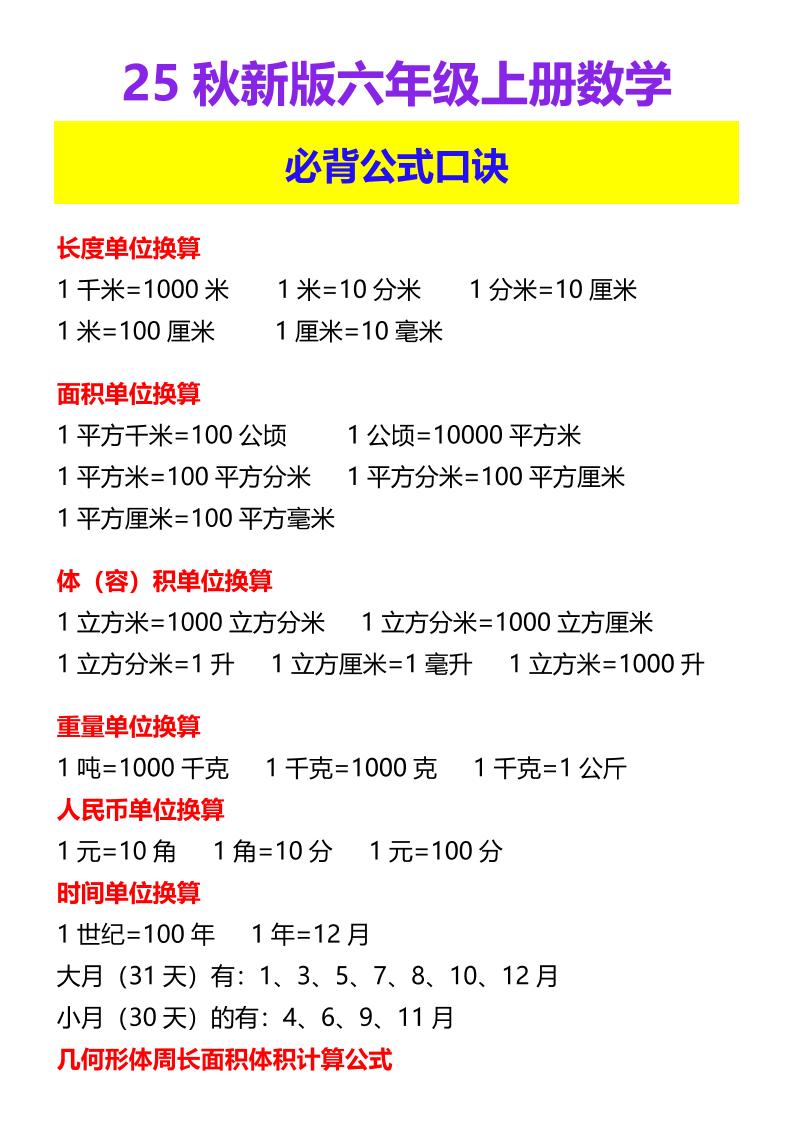 【2025秋新版】六年级上册数学必背公式口诀-悟思笔记，一个低调的学习营。