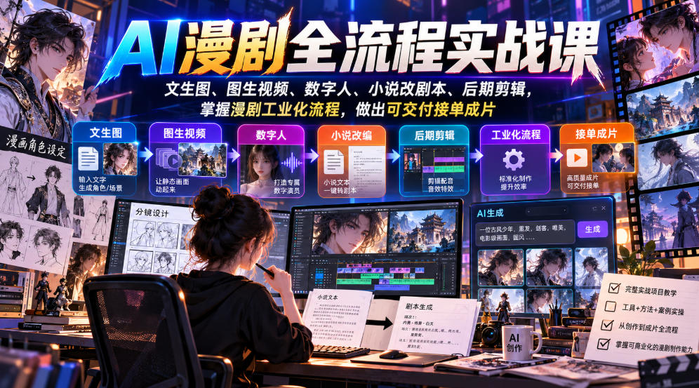 AI漫剧全流程实战课，文生图、图生视频、数字人、小说改剧本、后期剪辑，掌握漫剧工业化流程，做出可交付接单成片-悟思笔记，一个低调的学习营。