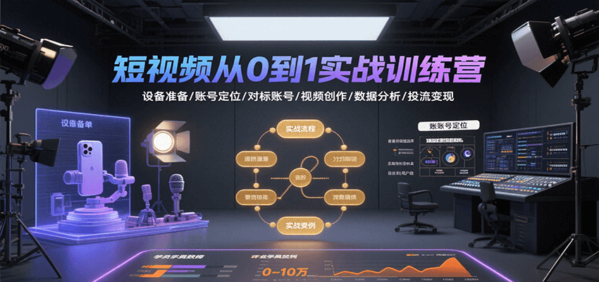短视频从0到1实战训练营：设备准备/账号定位/对标账号/视频创作/数据分析/投流变现-悟思笔记，一个低调的学习营。