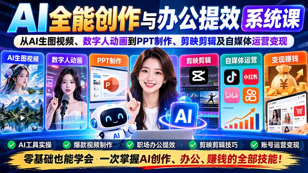 AI全能创作与办公提效系统课：从AI生图视频、数字人动画到PPT制作、剪映剪辑及自媒体运营变现-悟思笔记，一个低调的学习营。