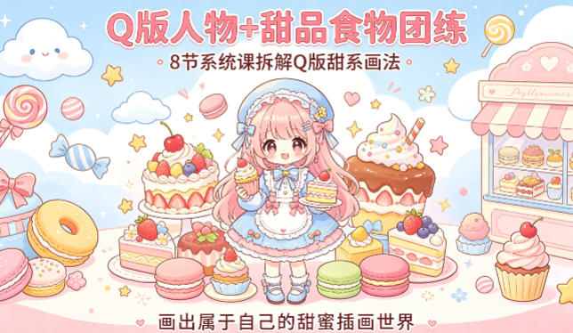 Q版人物+甜品食物团练，8节系统课拆解Q版甜系画法，画出属于自己的甜蜜插画世界-悟思笔记，一个低调的学习营。