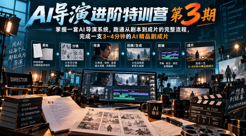 AI导演进阶特训营第3期，掌握一套AI导演系统，跑通从剧本到成片的完整流程，完成一支3~4分钟的AI精品剧成片(附1、2期)-悟思笔记，一个低调的学习营。