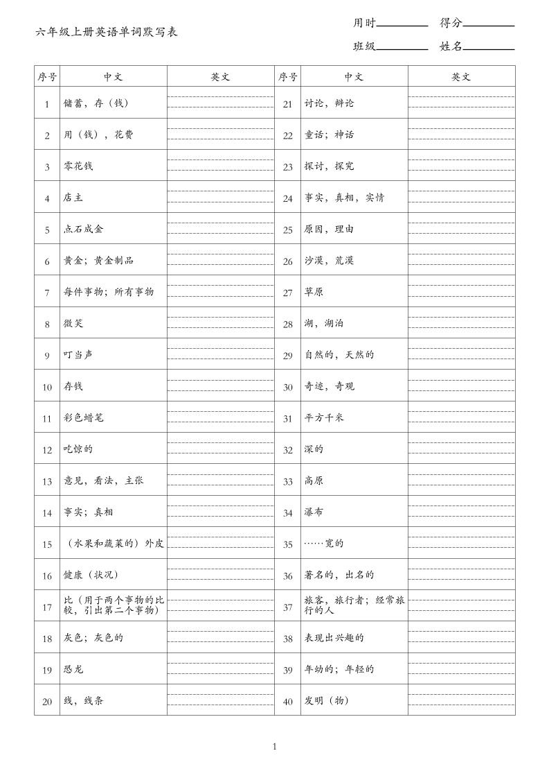 新六上英语单词背诵表（中译英）《外研版》-悟思笔记，一个低调的学习营。