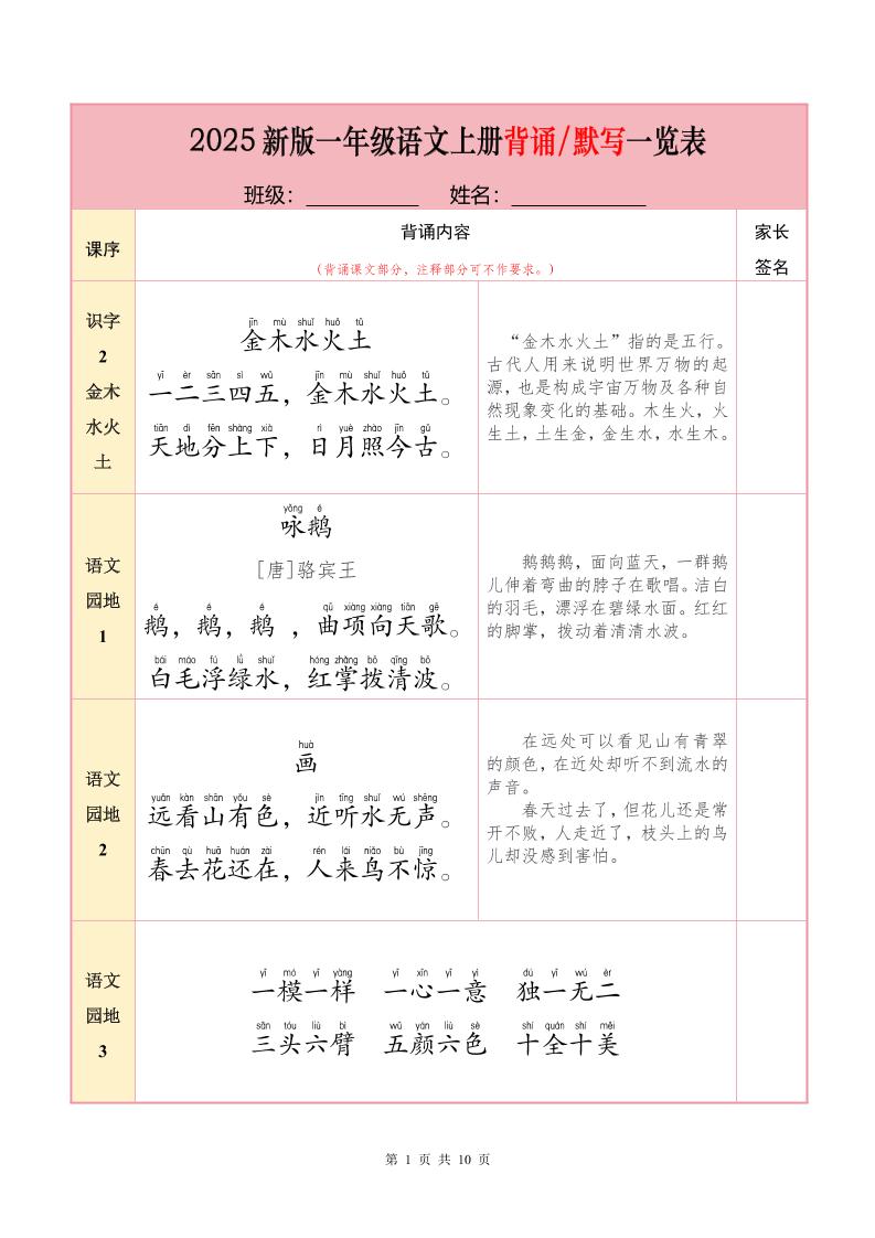 一上语文【25秋-必背内容+默写表】-悟思笔记，一个低调的学习营。