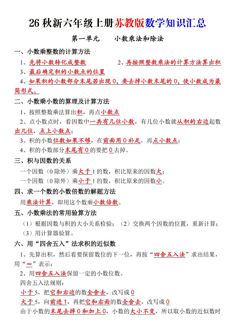 26秋新六上苏教版数学知识汇总_-悟思笔记，一个低调的学习营。