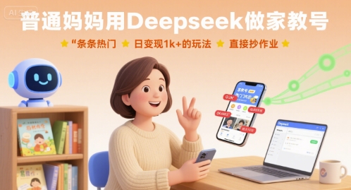 普通妈妈用Deepseek做家教号，条条热门，日变现1k+的玩法，直接抄作业-悟思笔记，一个低调的学习营。