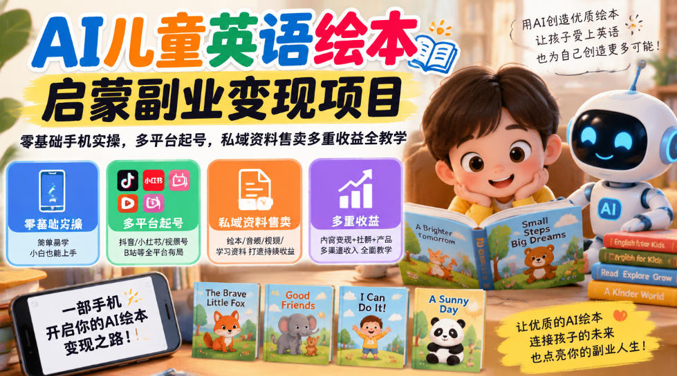 AI儿童英语绘本启蒙副业变现项目，零基础手机实操，多平台起号，私域资料售卖多重收益全教学-悟思笔记，一个低调的学习营。