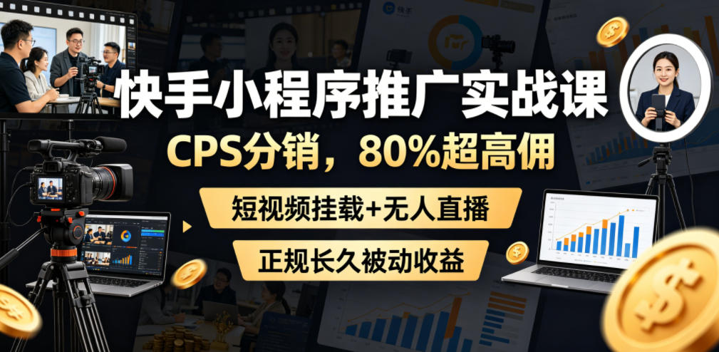 快手小程序推广实战课，CPS分销，80%超高佣，短视频挂载+无人直播，正规长久被动收益-悟思笔记，一个低调的学习营。
