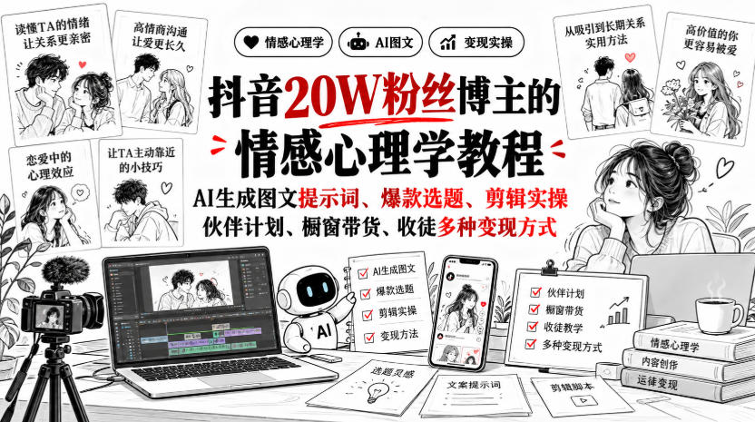 抖音20W粉丝博主静候心声的情感心理学教程，AI生成图文提示词、爆款选题、剪辑实操，伙伴计划、橱窗带货、收徒多种变现方式-悟思笔记，一个低调的学习营。