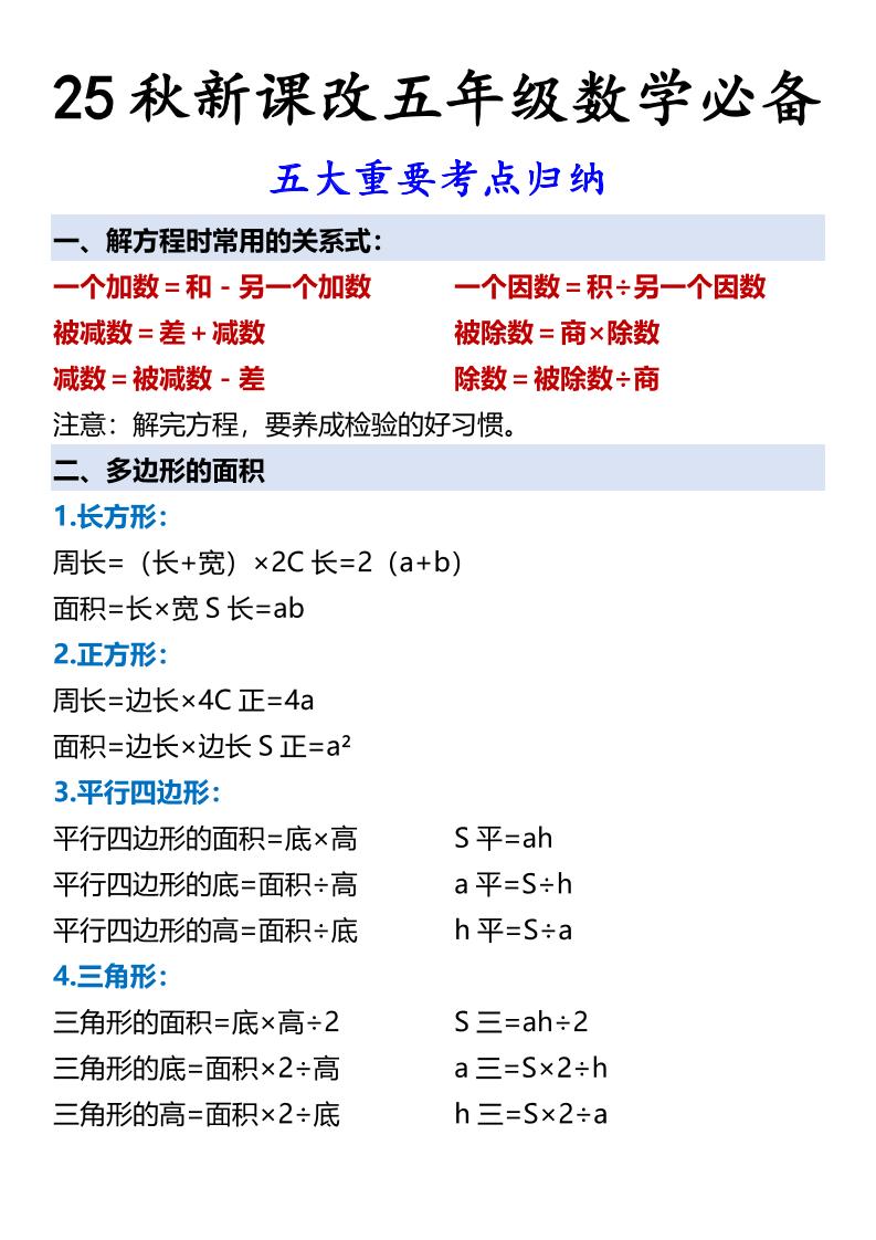 【2025秋新版】五年级数学必备五大重要考点归纳-五上数学-悟思笔记，一个低调的学习营。