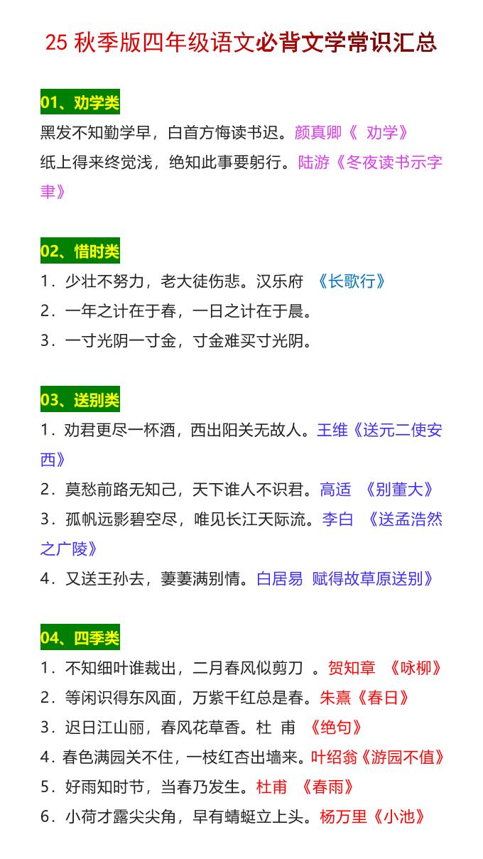 【2025秋新版】四年级语文上册必背文学常识汇总-悟思笔记，一个低调的学习营。