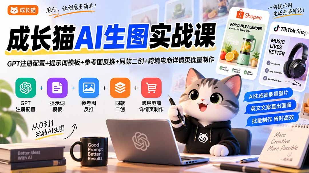 成长猫AI生图实战课｜GPT注册配置+提示词模板+参考图反推+同款二创+跨境电商详情页批量制作-悟思笔记，一个低调的学习营。